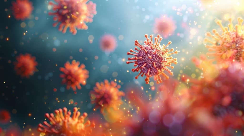 Stylized virus particles in a microscopic field — infectious disease RNA vaccine programs