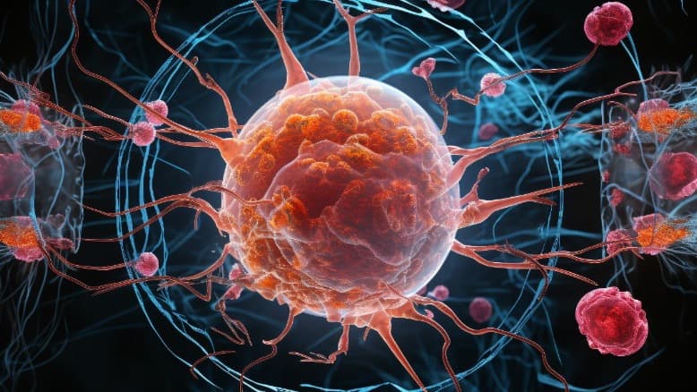 Stylized cancer cell targeted in a microscopic field — personalized RNA therapies