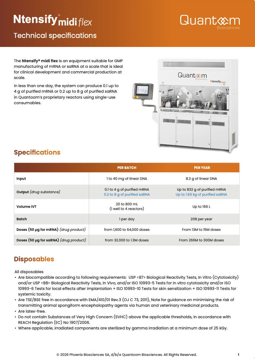 Illlustration of the fact sheet of the Ntensify™ midi, mRNA production system - Resources page