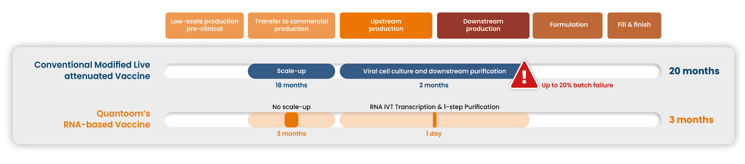 Production time comparison between Conventional Modified Live attenuated Vaccine and Quantoom's RNA vaccine
